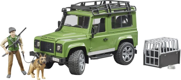 Camioneta Land Rover Defender con guardabosques y perro U02587